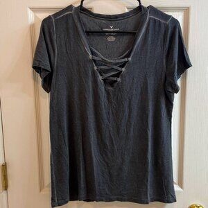 American Eagle Soft & Sexy Dark Charcoal Gray Criss-Cross V Neck Shirt (M)